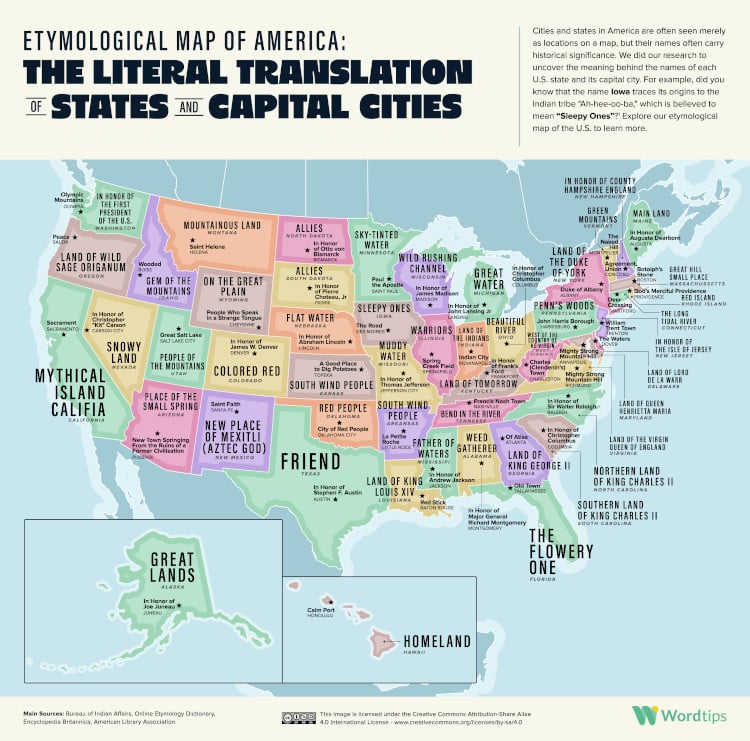 Map revealing literal translation of U.S. state and city names