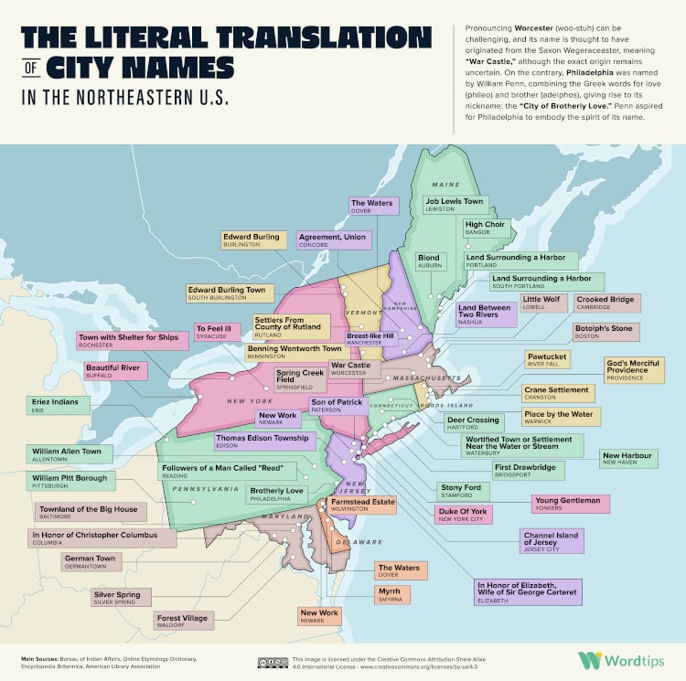 Map revealing literal translation of Northeastern U.S. state and city names