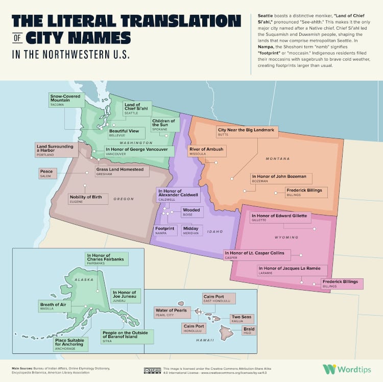 Map revealing literal translation of Northwestern U.S. state and city names
